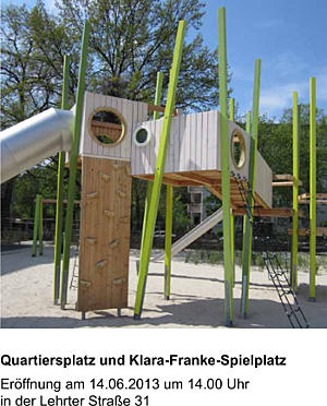 Flyer zur Eröffnung des neu gestalteten Klara-Franke-Spielplatzes und Quartiersplatzes downloaden