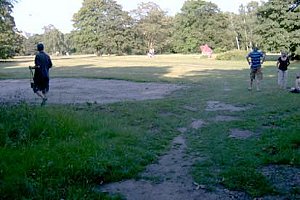 geschädigte Langgraswiese Wegen Bodenverdichtung durch im Tiergarten parkende Autos während früherer  Loveparade-Events kann das Gras der früheren Langgraswiese rur noch langsam wachsen (Tiergartenexkursionen2006).