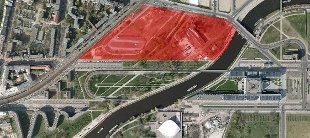 Luftbild, Geltungbereich rot gefärbt (Quelle: SenStadtentwicklung)