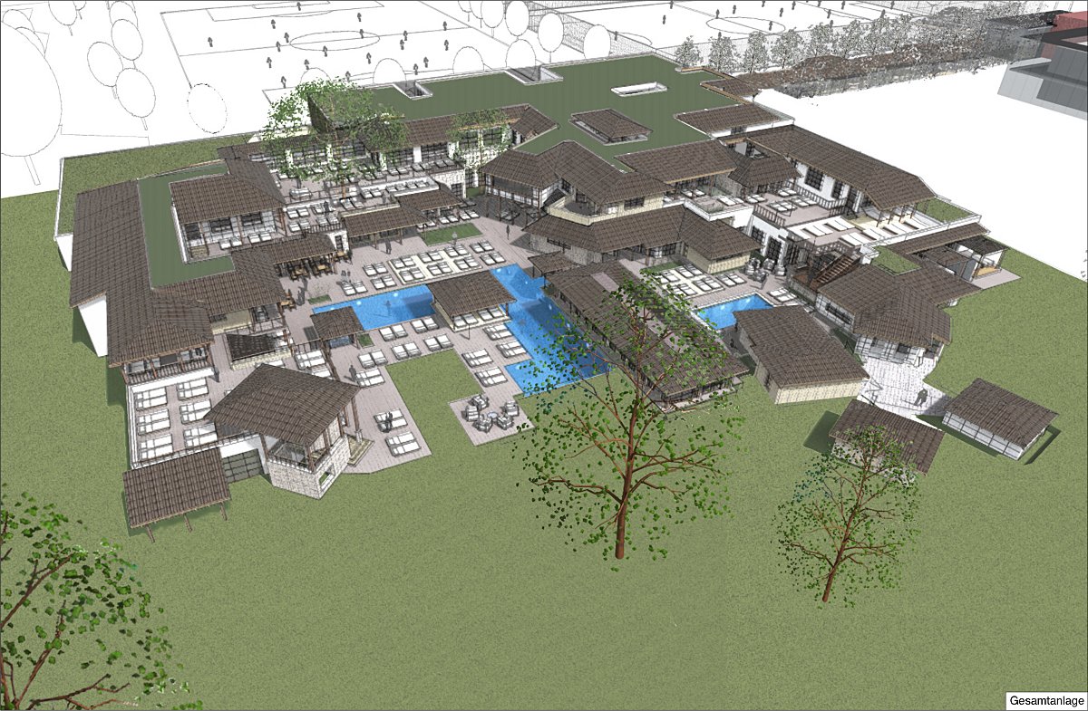 Perspektive auf das balii spa vom Fritz-Schloß-Park, alle Visualisierungen: Firma Theune Spa